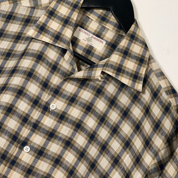 Luciano Barbera 100% Linen S/S Button Shirt Multicolor Plaid Men's Size S - Picture 1 of 10